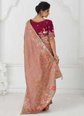 Peach-colored pure Dola viscose silk fabric saree